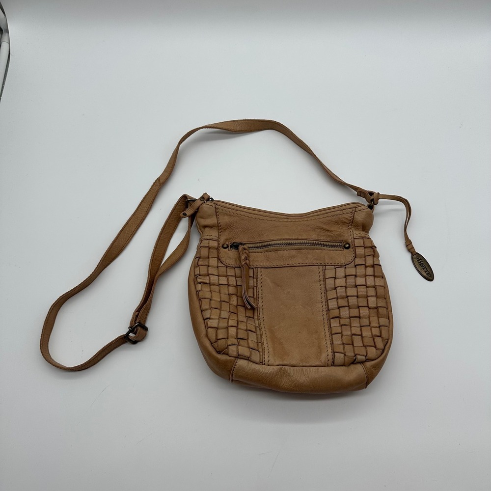 Born Tan Leather Woven Crossbody Bag Adjustable Strap Boho Small Messenger Bag